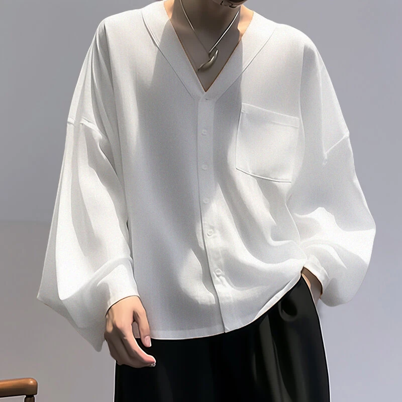 INCERUN Men Shirts Casual Blue Shirts Daily Long Sleeve White Shirts Solid Color V-neck Orange Shirts Summer Comfy Top with Breast Pocket (image for) INCERUN Men Shirts Casual Blue Shirts Daily Long Sleeve White Shirts Solid Color V-neck Orange Shirts Summer Comfy Top with Breast Pocket